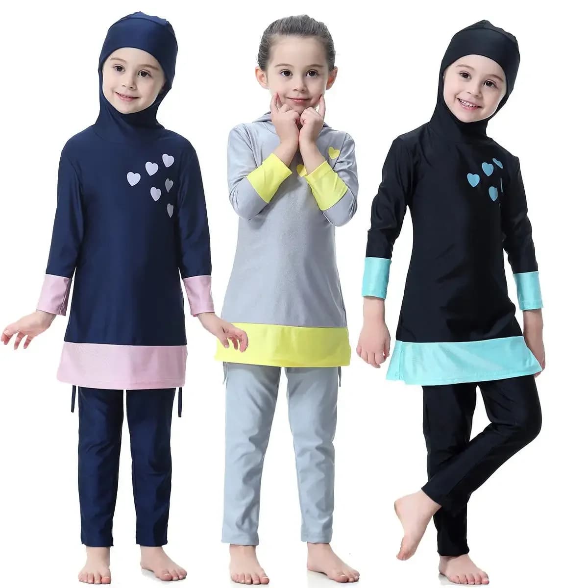 Cute Muslim Kids Girl Full Cover Swimwear Islamic Long Sleeve Arab Modest Swimsuits Swim Clothes Beachwear Children Suit Set New
