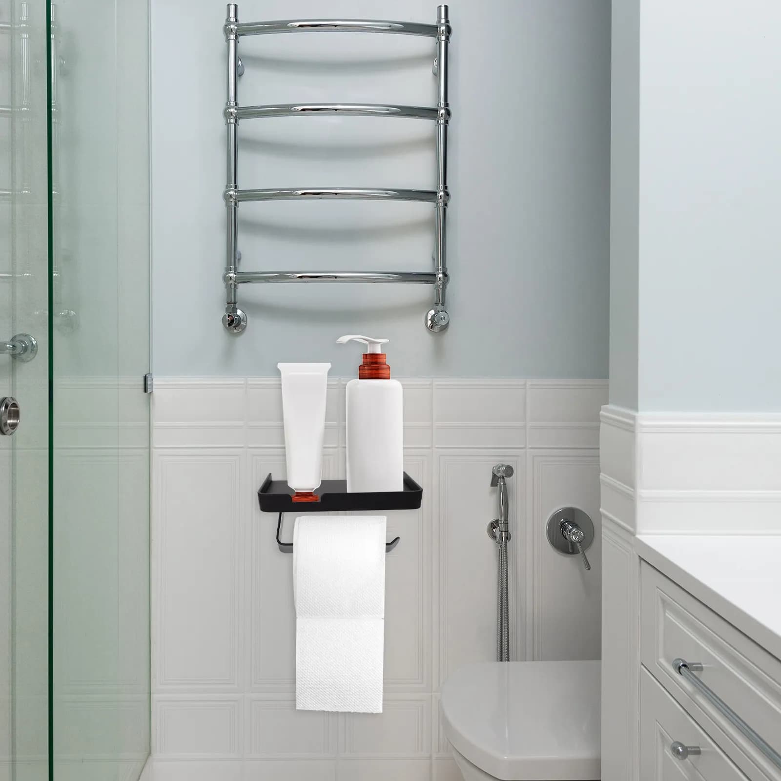 Stainless Steel Toilet Paper Holder with Shelf Wall Mounted Bathroom Accessory Heavy Duty Storage Rack for Phone Keys Jewelry