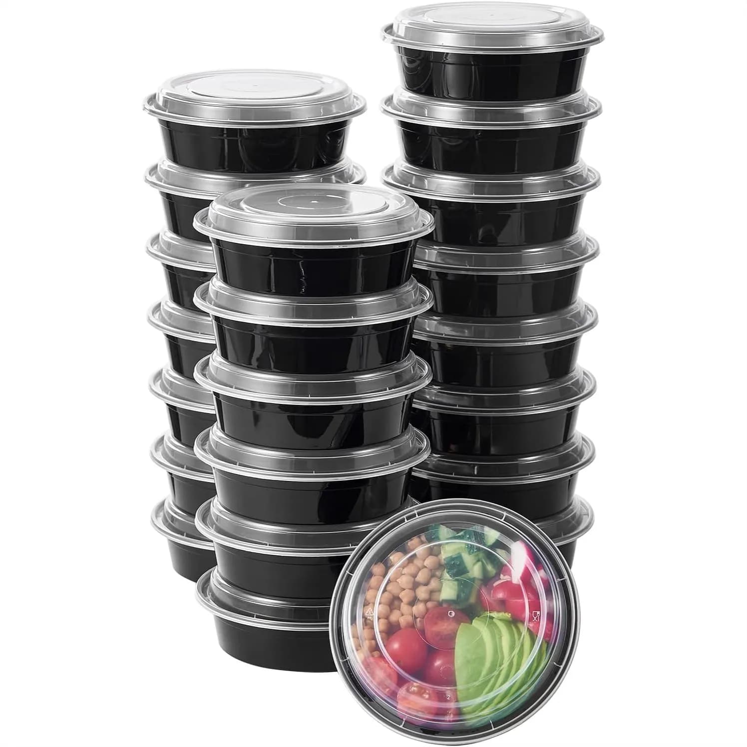 Contenitori rotondi da 24 oz (50 pezzi) per la preparazione dei pasti con coperchi, ciotole da asporto in plastica senza BPA, riutilizzabili e impilabili
