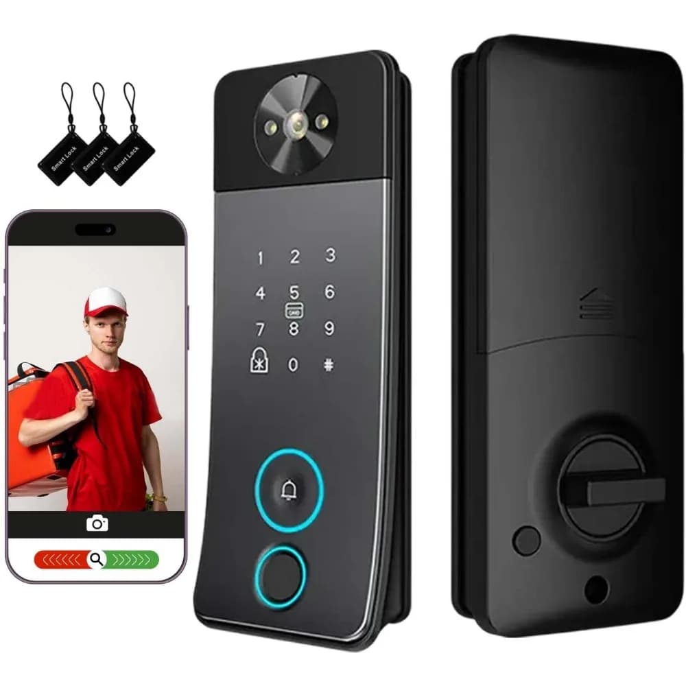 Serratura intelligente con fotocamera, campanello e videocitofono – Catenaccio con ingresso senza chiave, 5 modi di sblocco (impronta digitale, password, scheda, chiave