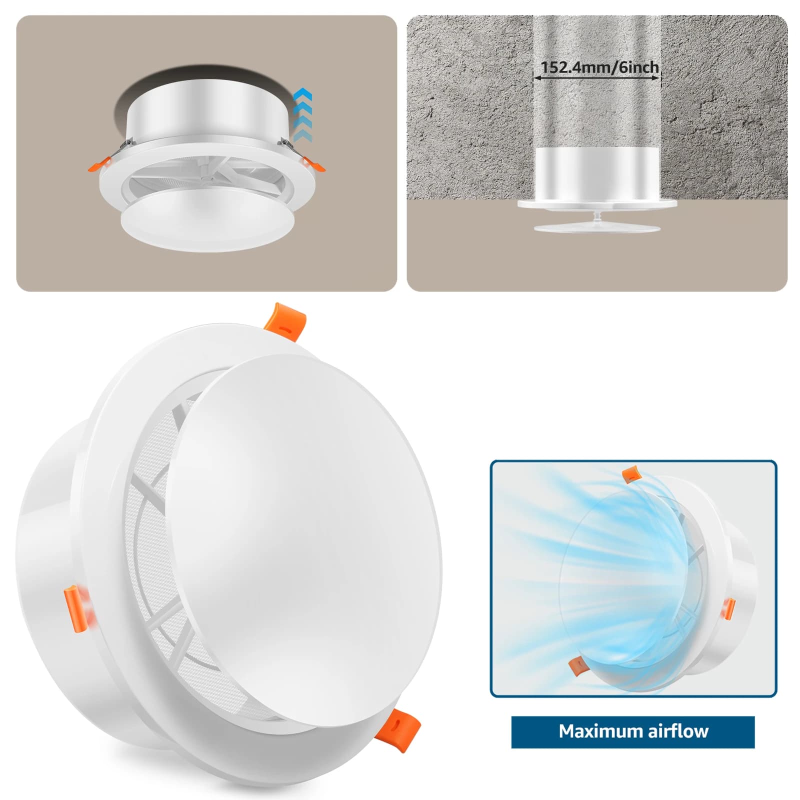 Round cover for air outlet with adjustable panel and removable mesh screen, ABS ceiling diffuser for HVAC, bathroom, kitchen, wall and A duct