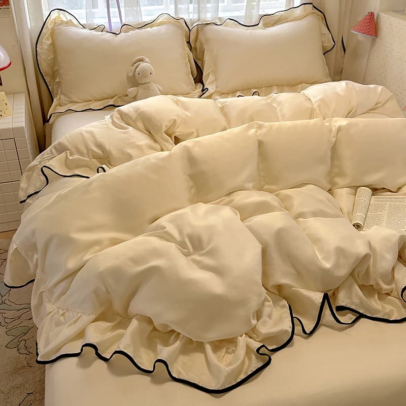 Set di Biancheria da Letto in Seta Ghiacciata Stile Coreano, Nuovo Set Estivo con Lenzuolo in Pizzo Lavato, Copripiumino, Set Tre Pezzi per Dormitorio Singolo, Quattro Pezzi