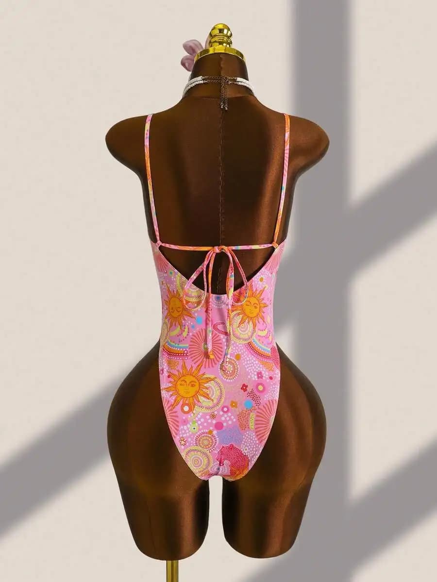 Costume da bagno intero da donna con stampa sole e laccetti sul retro, per feste in spiaggia, estivo