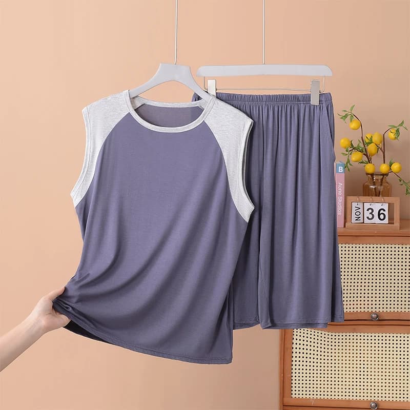 Men's Modal Tank Top Shorts Pajamas Set Casual Home Wear Summer Loose Sleepwear Two-Piece Suit Comfortable Breathable Lightwe...