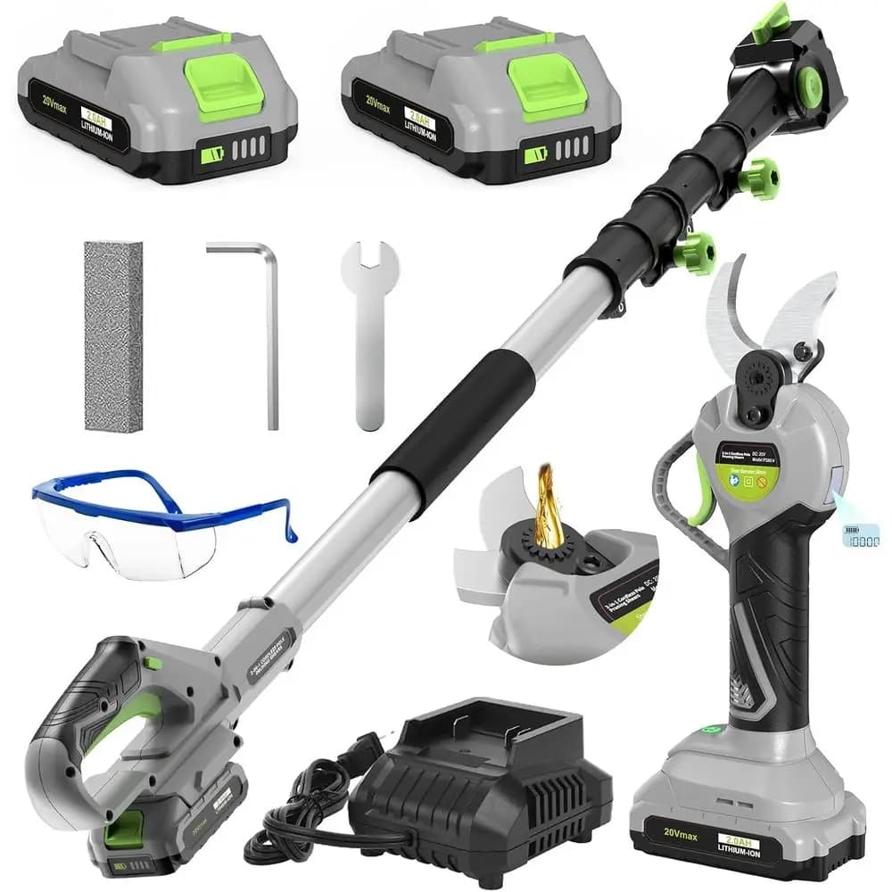 2 pole pruning shears in 1 wireless, electric shears with LCD display, 8.8 foot stretching pole to cut trees, with 2 P