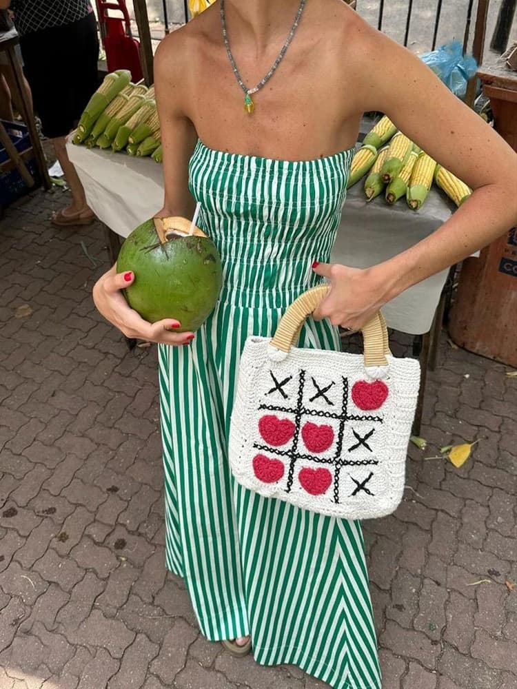 Green Striped Stripless Summer Dress Women Casual Off Shoulder Backless Maxi Dress Beach Holiday Party Dress Women Outfits