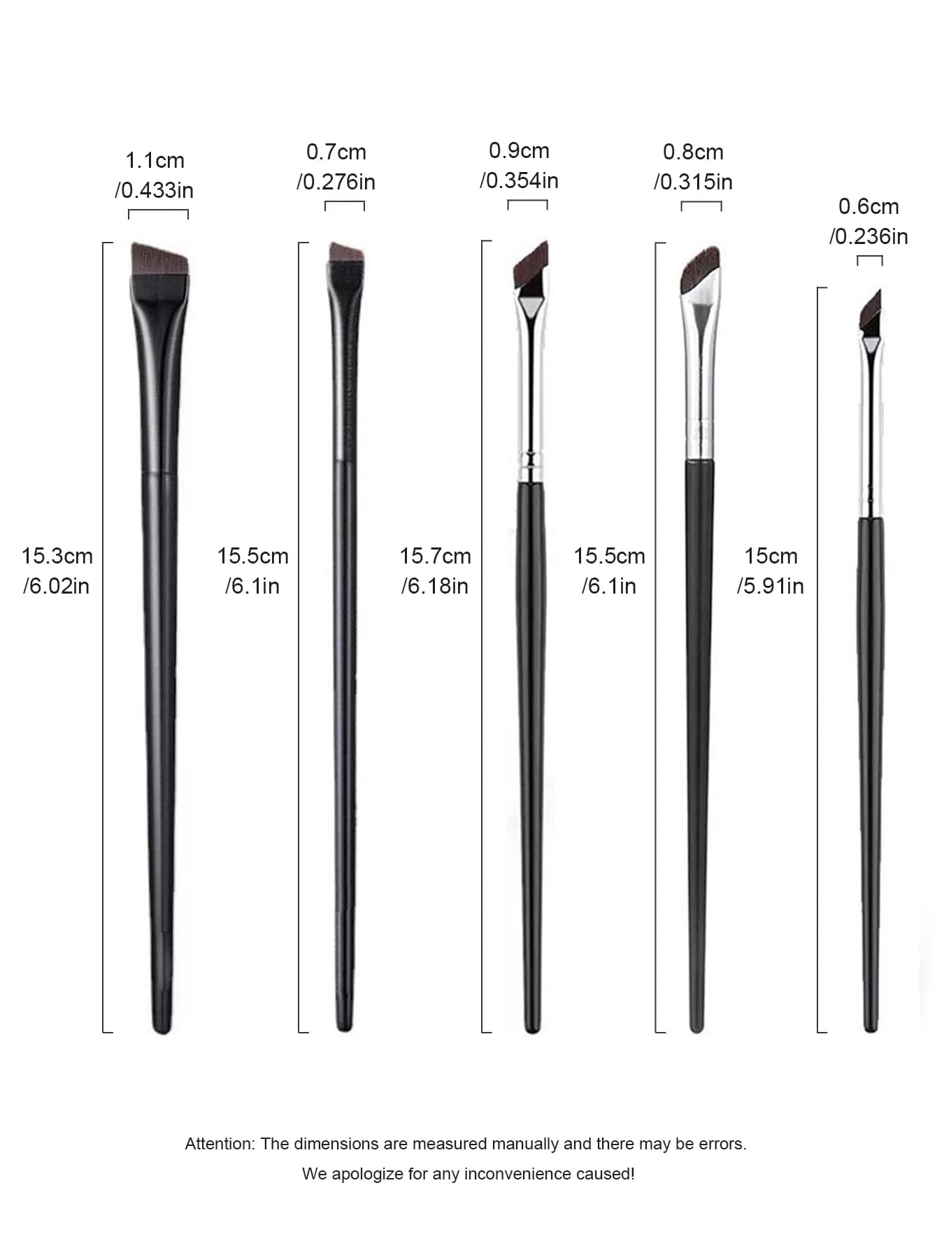 1 set of 5 brushes for make-up, eyeliner brush, lower eye contour brush, oblique corner eyebrow brush with flat head, horizontal brush for eye contour.