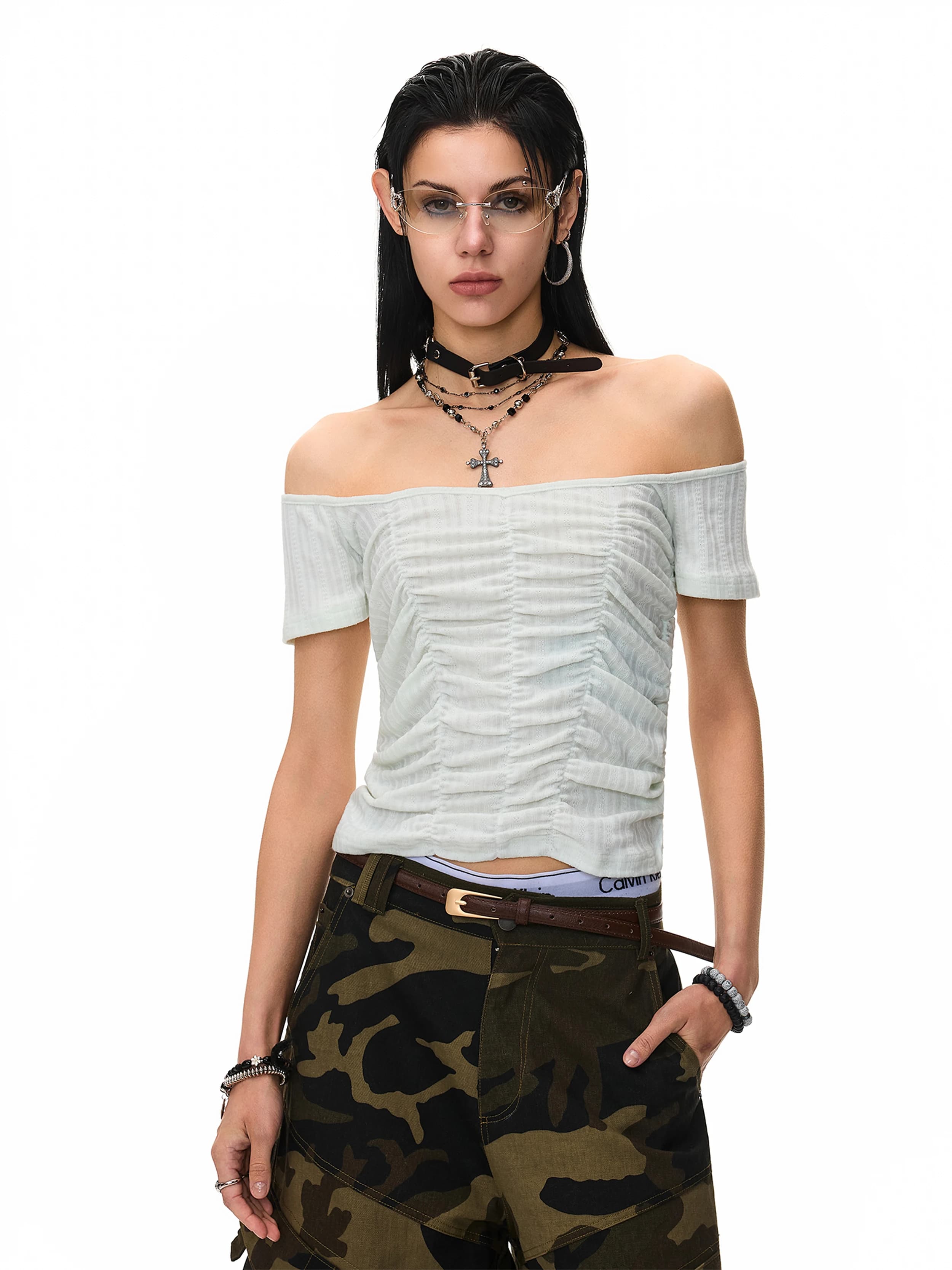 Retro American Folded Design One Shoulder Short Sleeve Slimming Lazy Versatile Short Length Top Women's T-shirt Polyester Spa...
