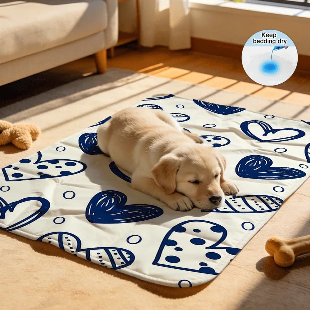 Navy Doodle Heart Pattern Reusable Absorbent Pet Pads Soft Breathable Liner for Dogs Cats Guinea Pigs