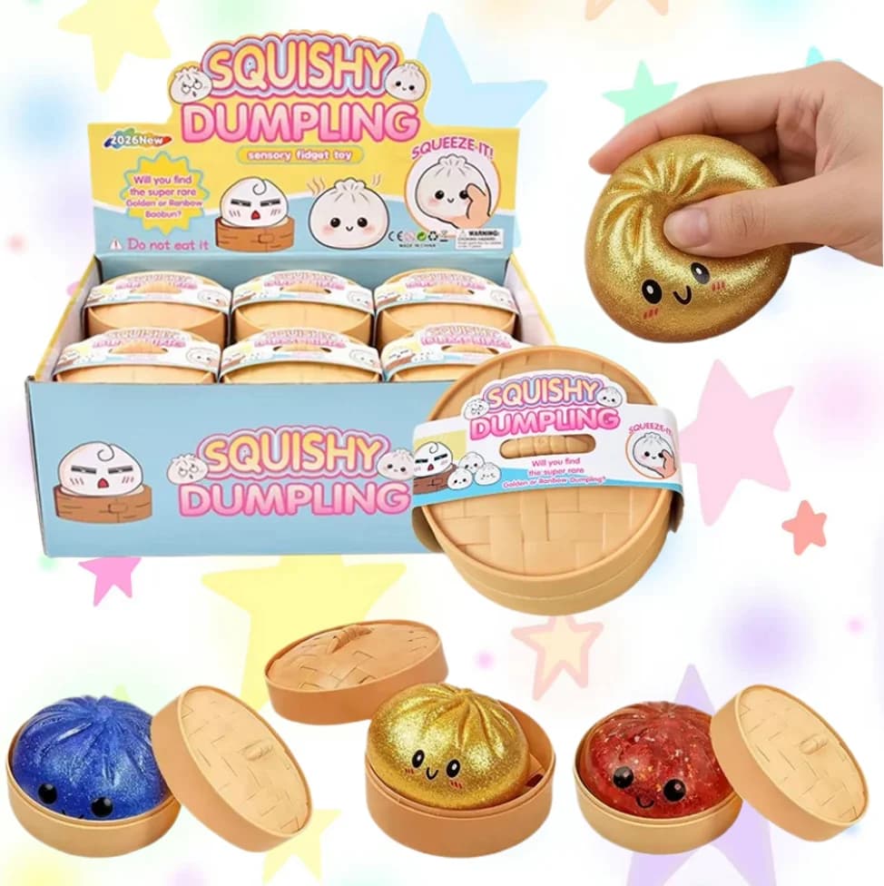 Giocattolo Squishy a Forma di Raviolo Colorato e Glitterato con Scatola, Palla Sensoriale Antistress - Divertente Gioco Sensoriale