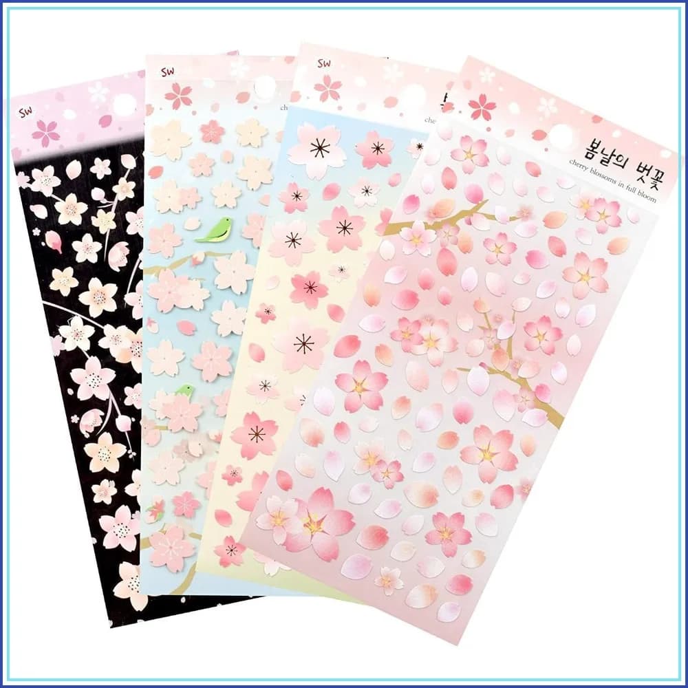 Sakura Sticker Sheets (4 Pack) - Cherry Blossom Decor for Diary, Scrapbooking & Craft