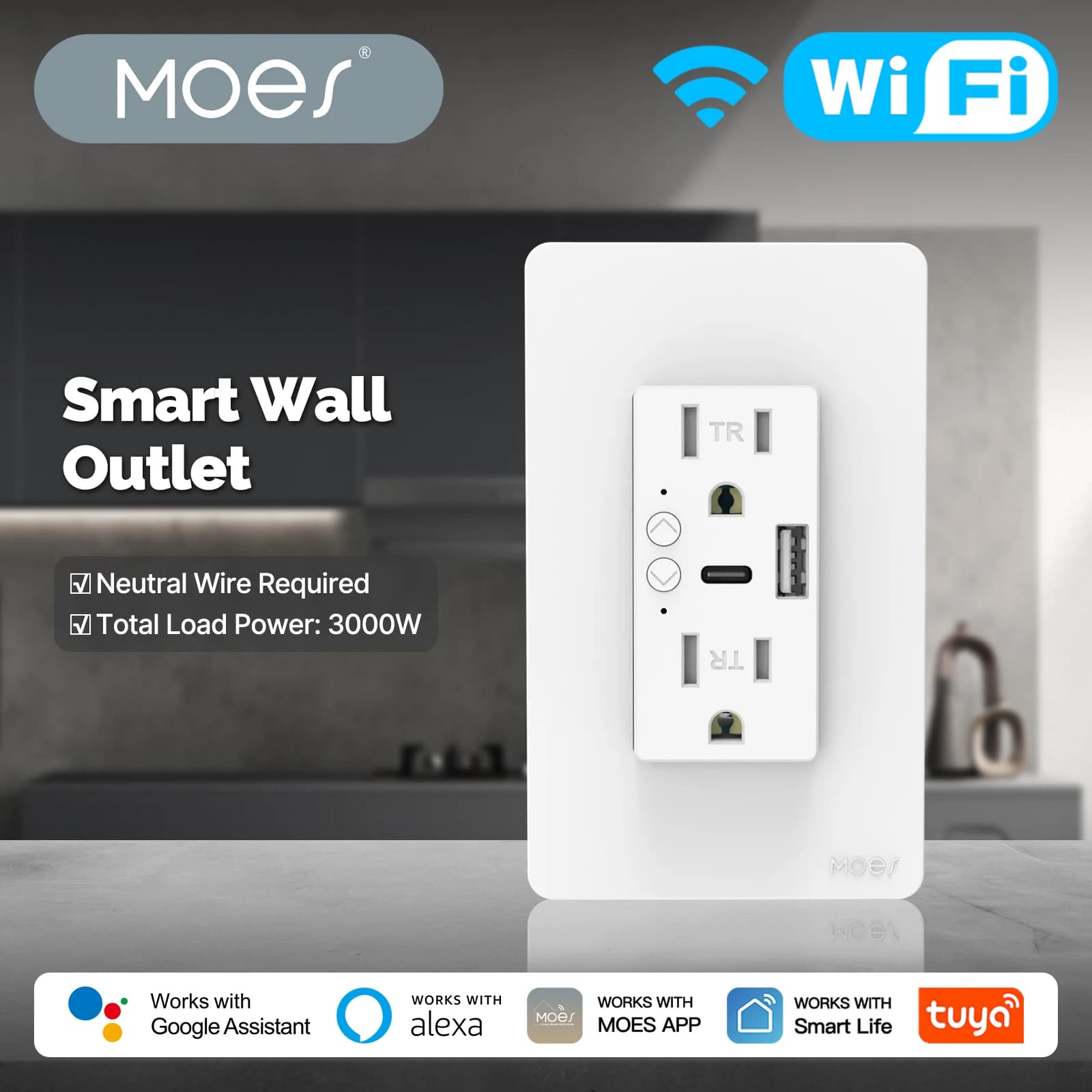 Presa a Muro Intelligente WiFi MOES Tuya con Porta USB Tipo-C, Controllo Remoto tramite App e Comandi Vocali, Compatibile con Alexa e Google Home