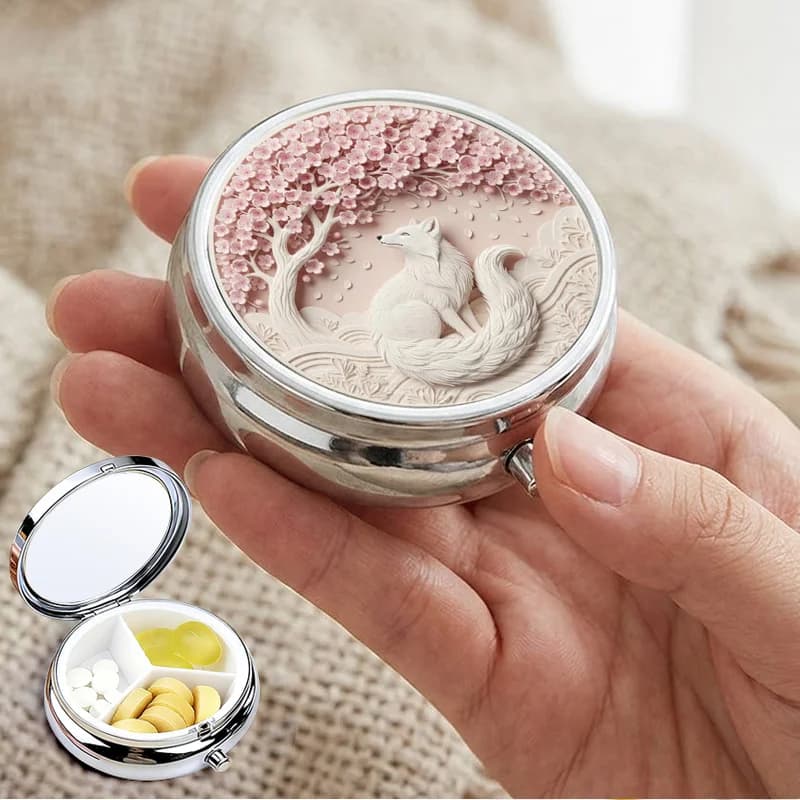 Portable Metal Pill Box, 3-Compartment Travel Pill Box, Soothing White Fox Pink Floral Pattern, Small Pill Organizer, Suitable for Handbags, Unique Decorative Gift for Women, Durable Daily Vitamin Supplement Container, Handheld Pill Box