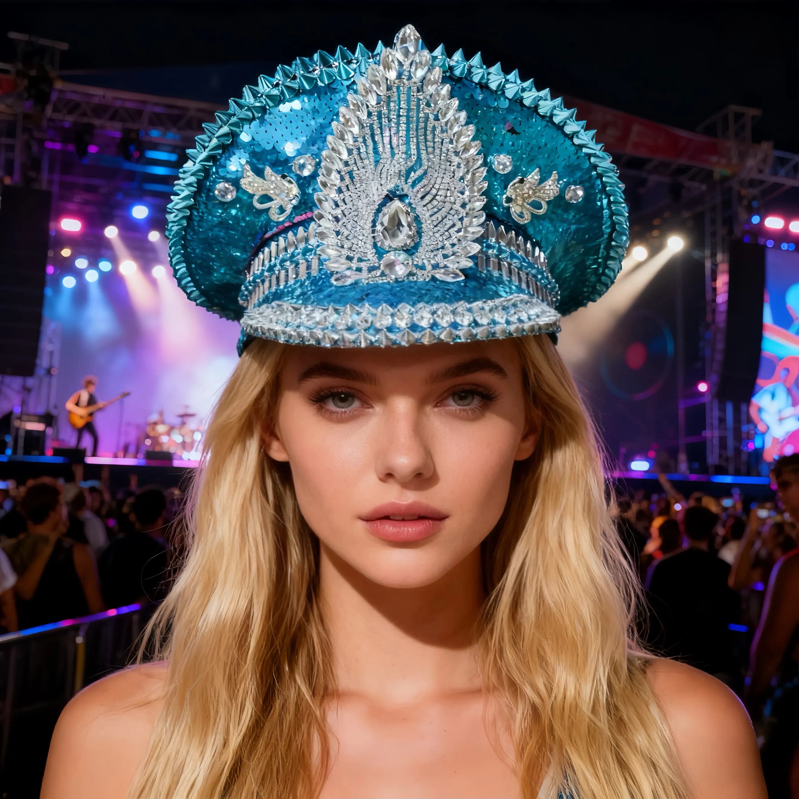 HongLuan Blue Tassels Steampunk Captain Hat Rhinestone for Burning Man Festival Woman, Vintage Military Accessories & Cap Man