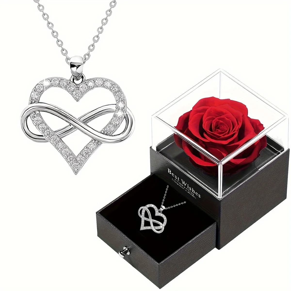 Collana da donna con amore infinito alla moda con confezione regalo di fiori di rosa rossa, regali di San Valentino e per la festa della mamma per moglie e mamma