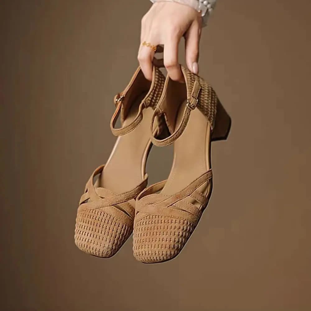 Retro Weave High Heel Sandals Women 2025 Summer Square Toe Ankle Strap Beach Shoes Roman Closed Toe Square Heels Casual Shoes