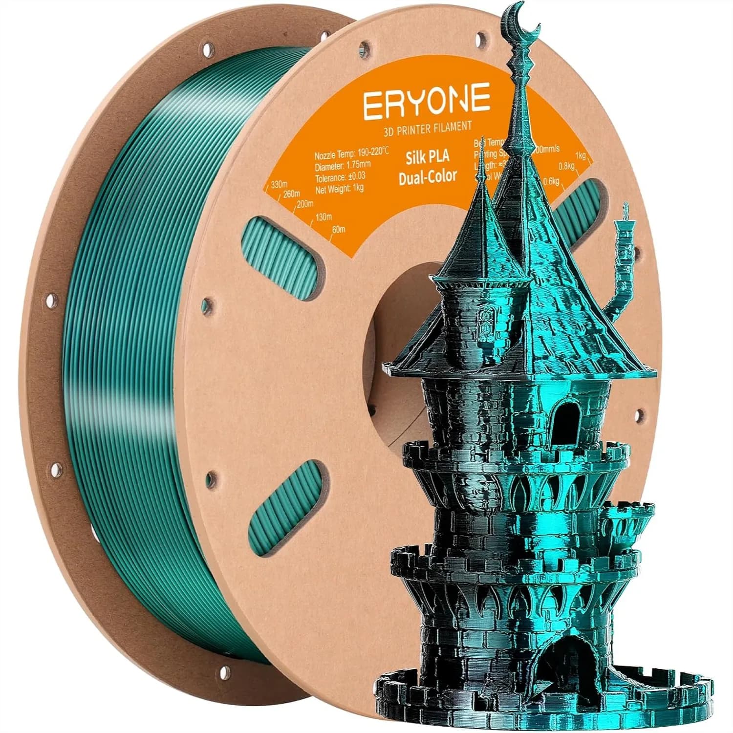 Filamento PLA Bicolore Effetto Seta 1.75mm +/-0.03mm, Filamento Coestruso Bicolore per Stampante 3D 1KG su Bobina di Cartone, Nero Verde