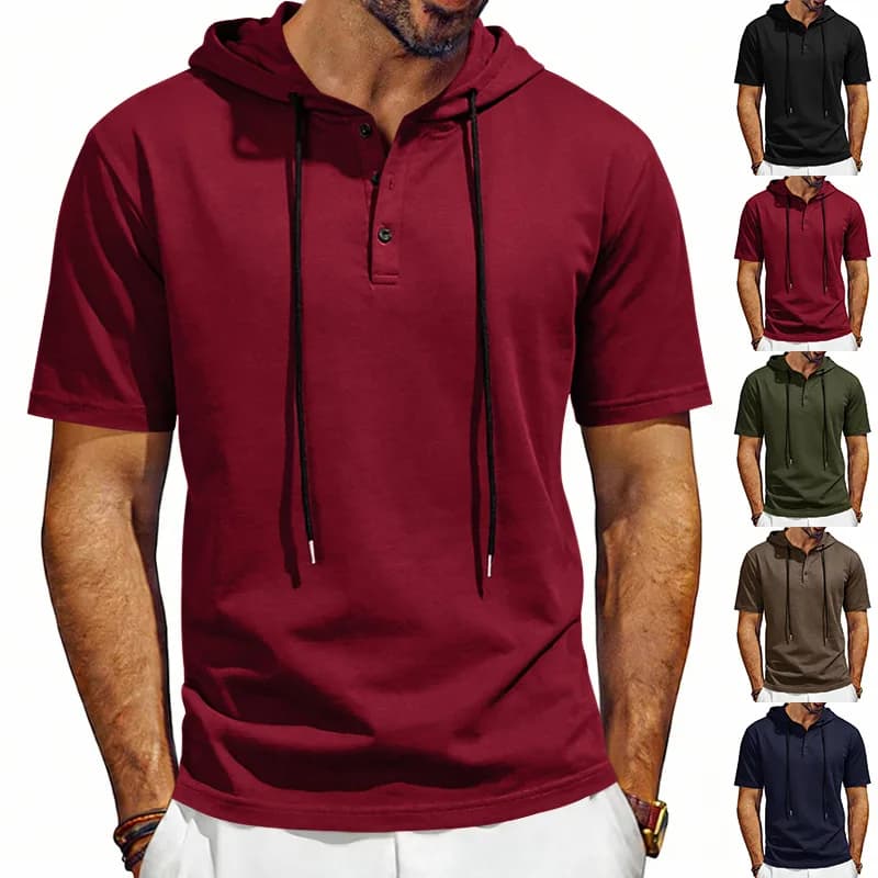 Men's Short Sleeve Hooded Henley T‑Shirt Drawstring Hoodie 3 Buttons Placket Loose Summer Casual Daily Tops