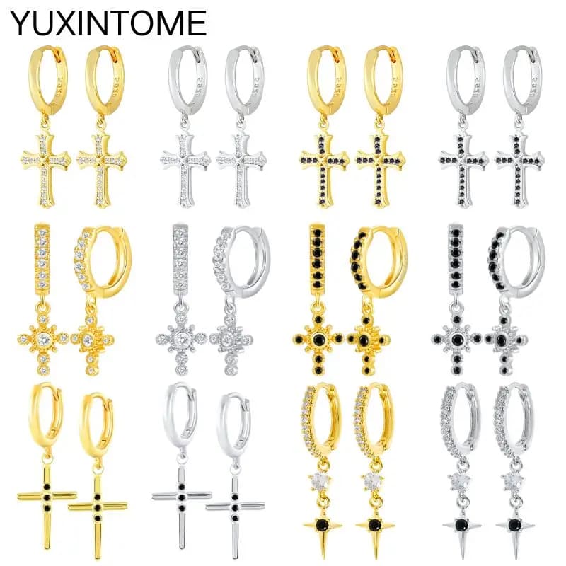 925 Sterling Silver Ear Needle Punk White/Black Zircon Cross Pendant Earrings Minimalist Hoop Earrings for Women Fashion Jewelry