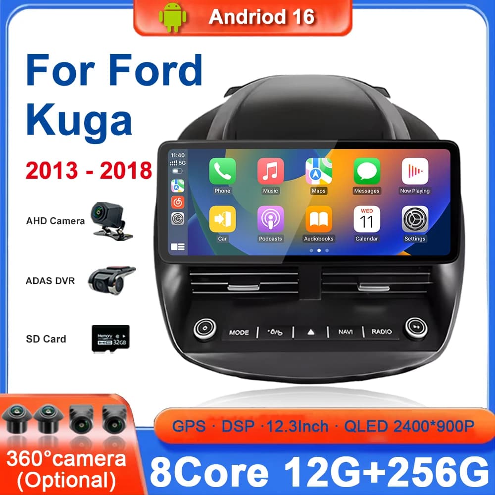 Autoradio per Ford Kuga 2013-2018 con Carplay, GPS, Navigazione, Accessori Auto, Android 16, Schermo Stereo, 4G Wifi, Video, Senza DVD 2din