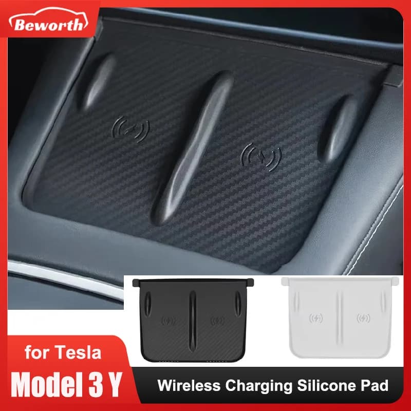 Tappetino in silicone per ricarica wireless per Tesla Model 3/Y Copertura protettiva per caricabatterie con controllo centrale in fibra di carbonio Accessori per tappetino antiscivolo