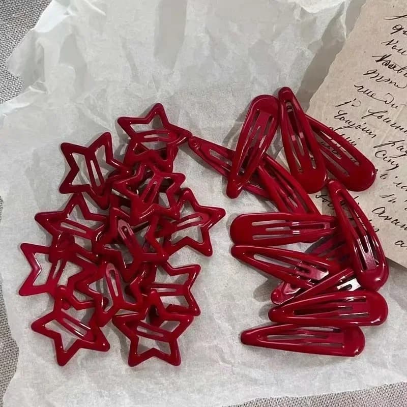 10 Pieces/Lotto Red Star Hair Clips for Girls, Black Drop Springs, Silver For Women, Kawaii Hair Accessories