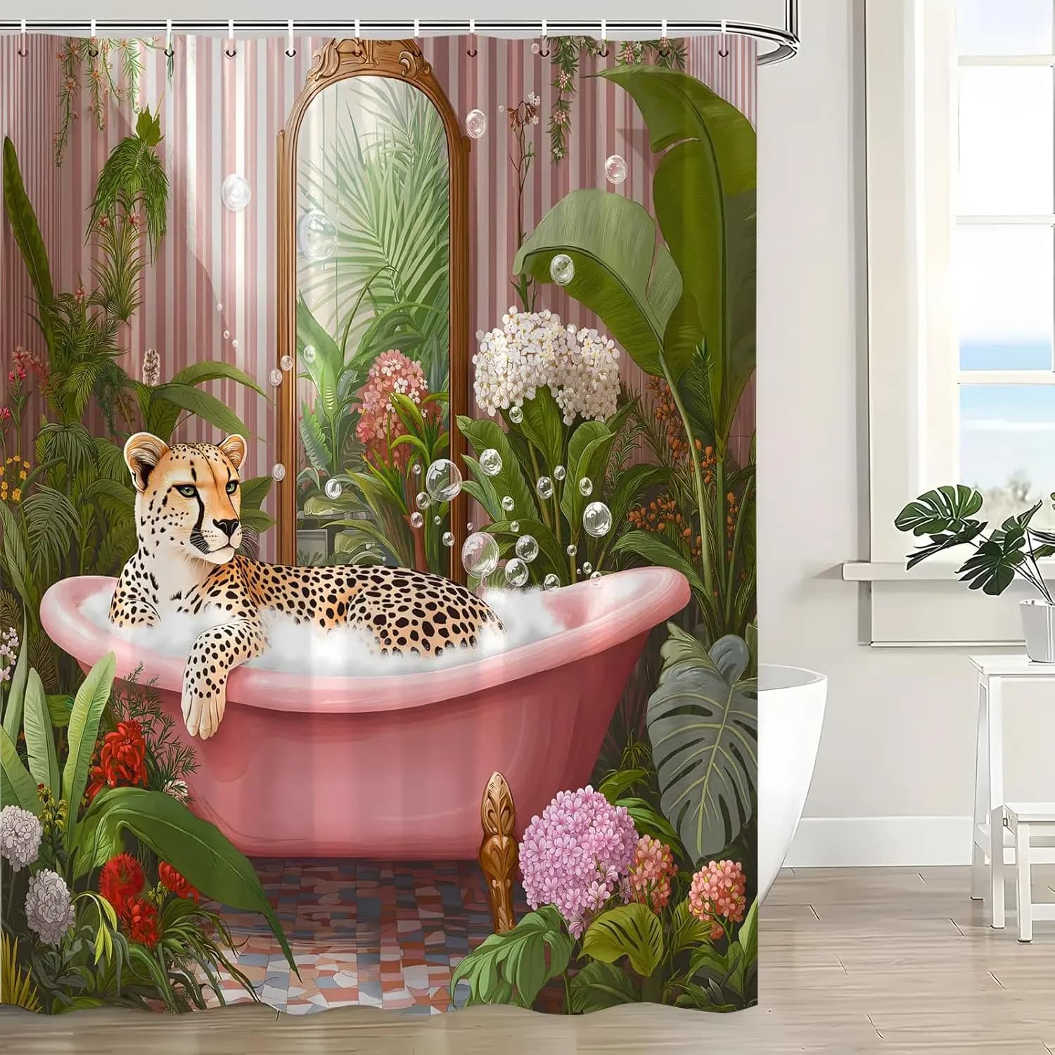 Divertente tenda da doccia leopardata ghepardo nella vasca da bagno foglie floreali tropicali pianta giungla fauna selvatica pantera carina safari animale moderno