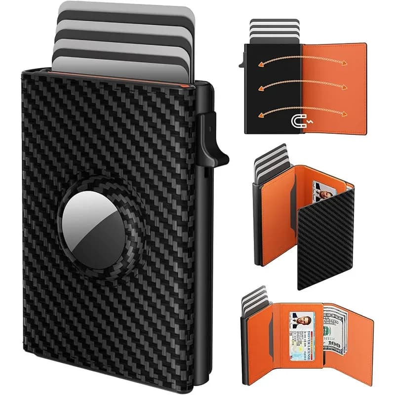Porta carte pop-up da uomo con slot di posizionamento Air Tag Protezione RFID Portafoglio in metallo ultra sottile Mini clip per carta di credito alla moda