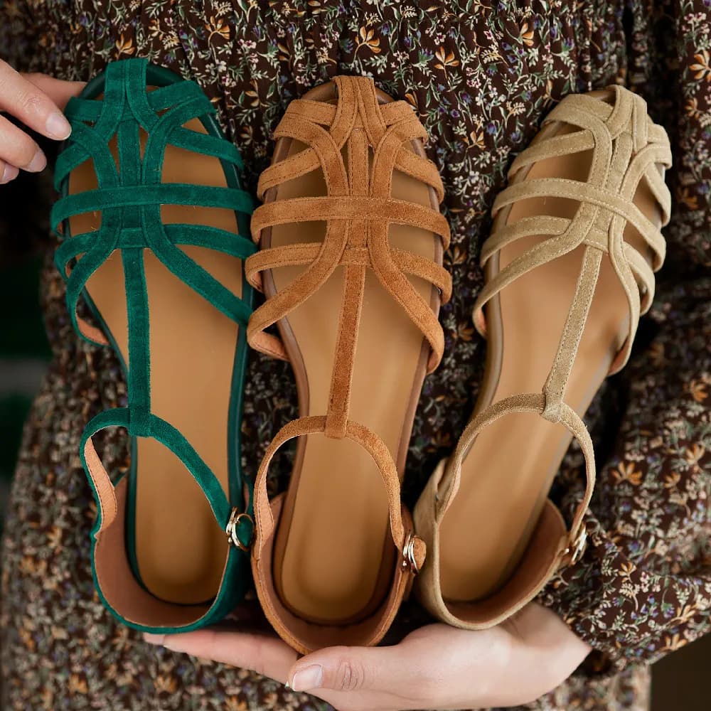 Sandali da donna in pelle scamosciata naturale con cinturino stretto intrecciato con cinturino a t sandali con punta tonda calzature casual femminili scarpe estive per le donne