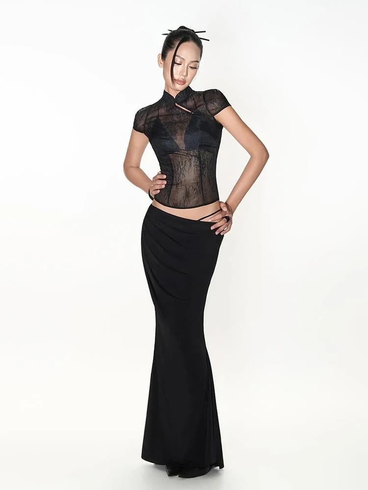 Sisterlinda Set sexy da 3 pezzi da donna con colletto alto, t-shirt trasparente + reggiseno a fascia + gonna elastica in vita, completo da festa alla moda