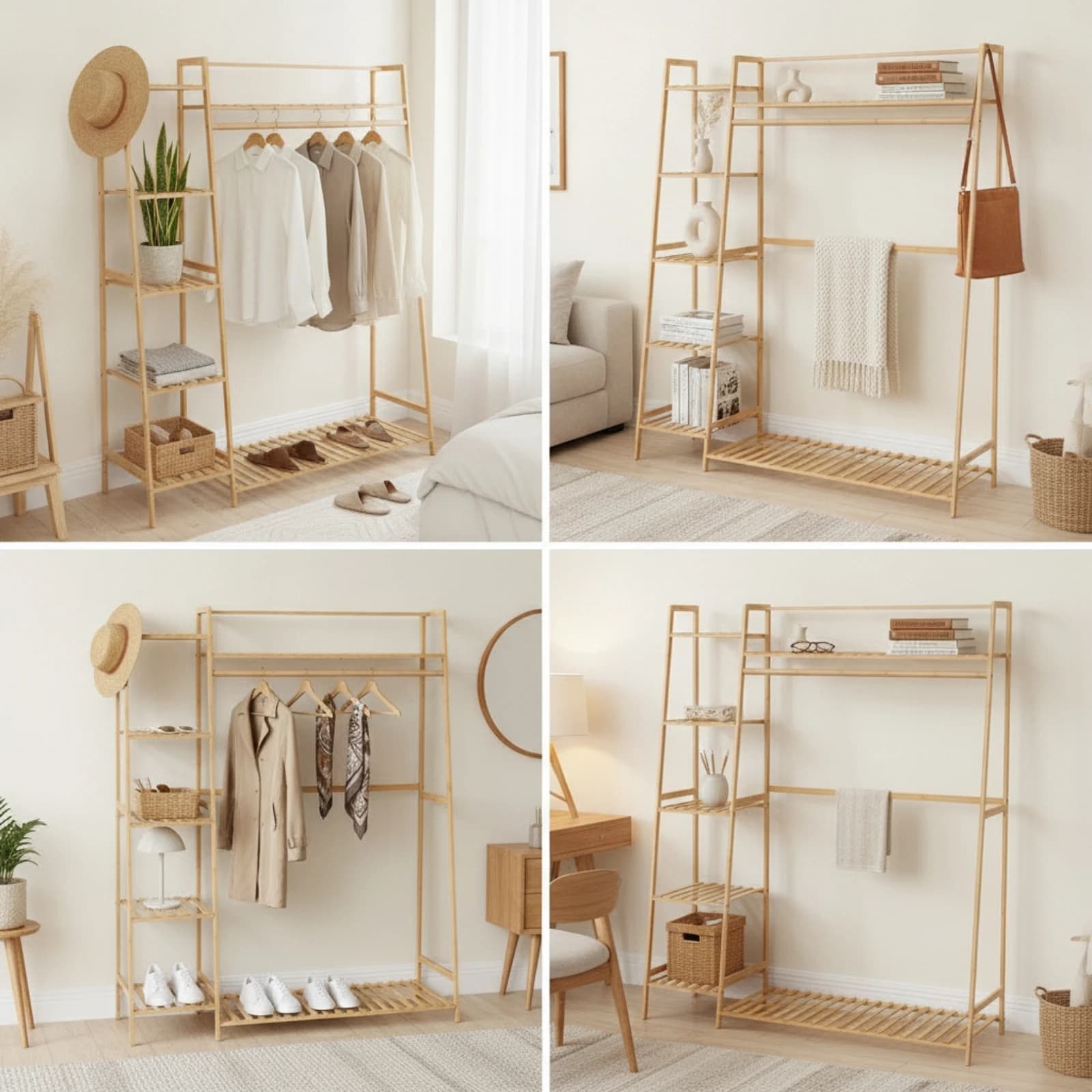 Bamboo Clothing Rack with Shelves Minimalist Wardrobe Organizer with Hanging Rod Furniture Space-Saving for Bedroom