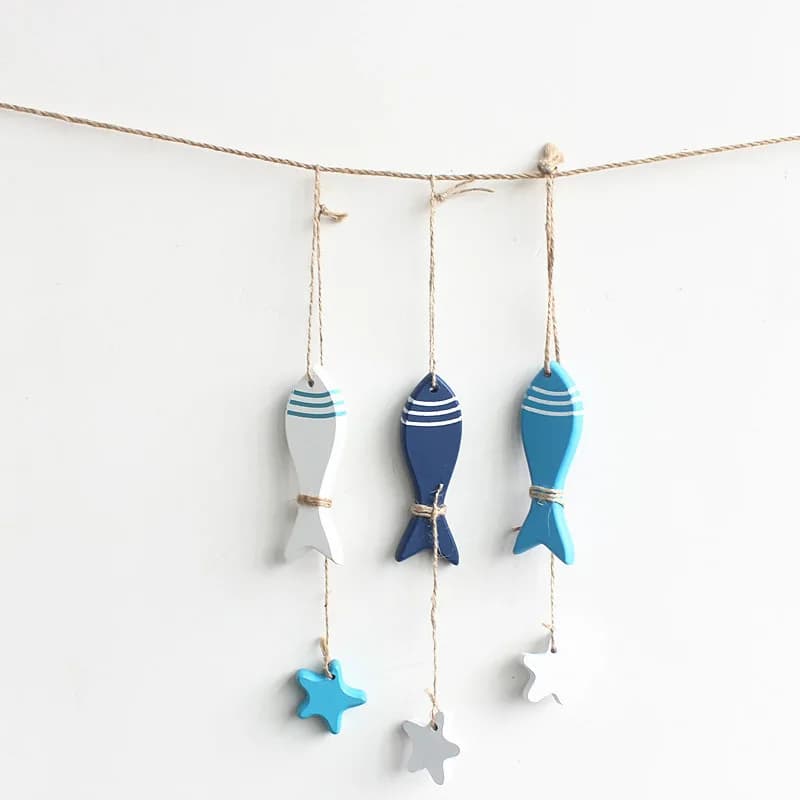 1 pz stile mediterraneo piccolo ciondolo pesce in legno artigianato nautico rete da pesca ornamento appeso tema oceano camera dei bambini decorazioni per la casa