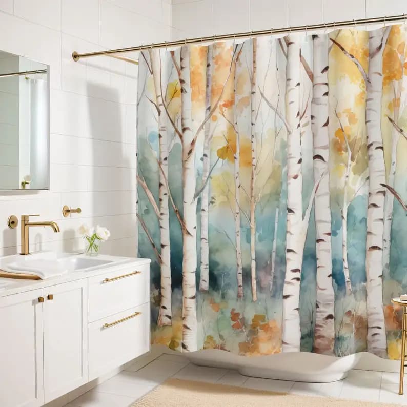 Tenda da doccia con betulla bianca, arredamento per il bagno nella foresta, tenda da doccia di lusso in tessuto ponderato resistente all'acqua