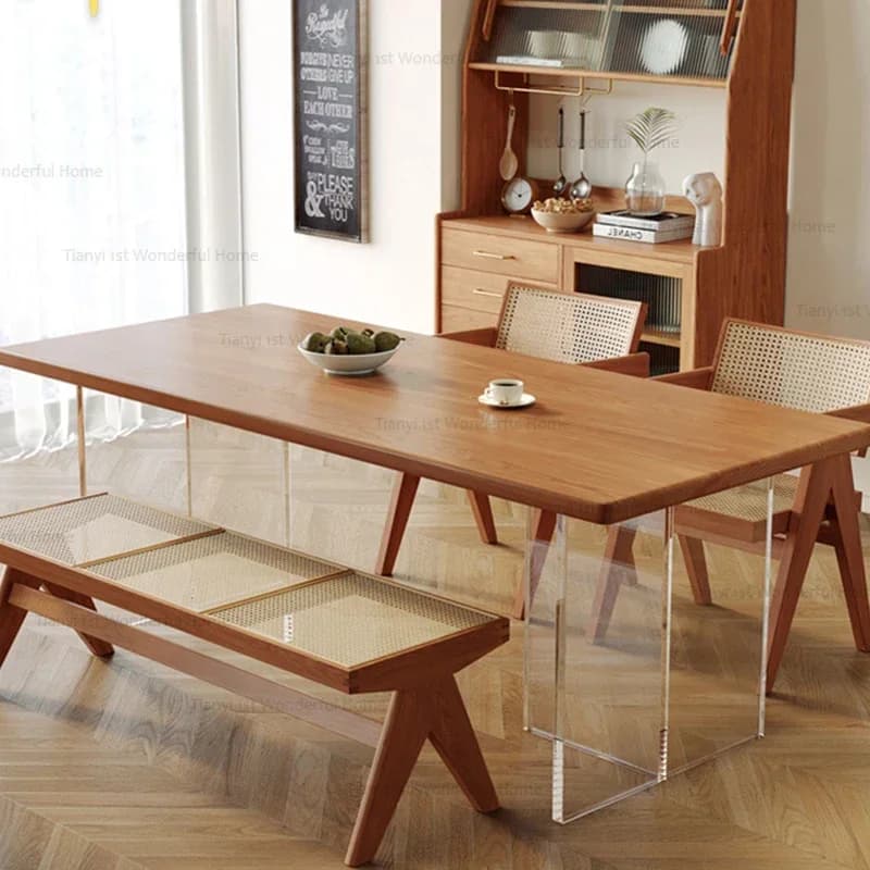 Tavolo da pranzo moderno semplice di lusso a sospensione Tavolo in legno massello Gambe trasparenti Sedia da pranzo Mobili per la casa personalizzati Mueble
