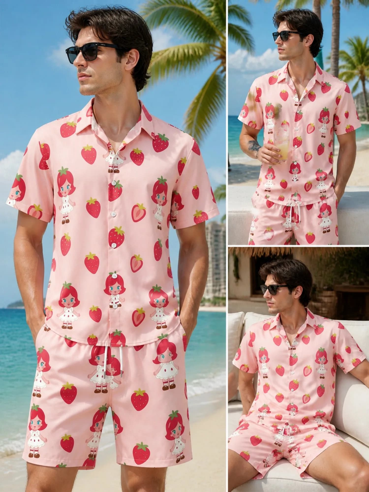 Mens Floral Short Sleeve Shirt and Drawstring Shorts Set Beach Vacation Relaxed Summer Two Piece Casual Resort Outfit Summerwear