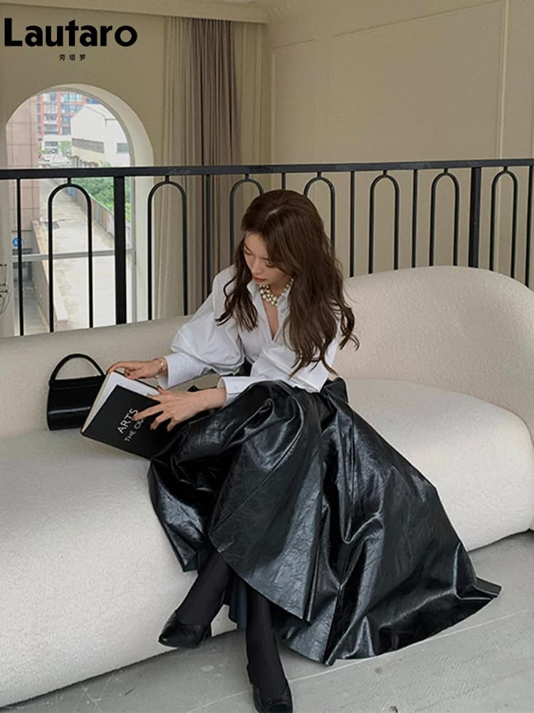 Lautaro-Women's Chic Black Shiny Patent PU Leather Maxi Pleated Skirt, High Waist, Long, Luxury Designer Clothes, Spring, Autumn