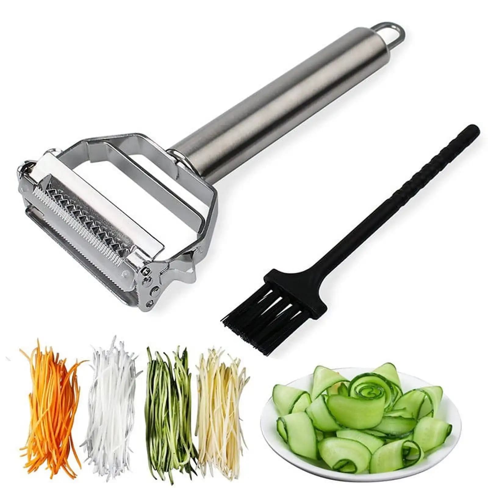 Pelapatate Julienne, affettatrice in acciaio inossidabile con spazzola per la pulizia, per gadget per patate, carote, frutta e verdura