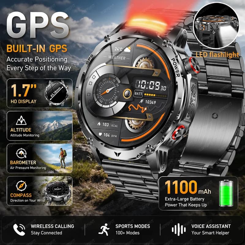 2026 new men's GPS outdoor smartwatch,1.7-inch high-definition screen, 1100mAh large battery, compass, 100+sports mode pedometer