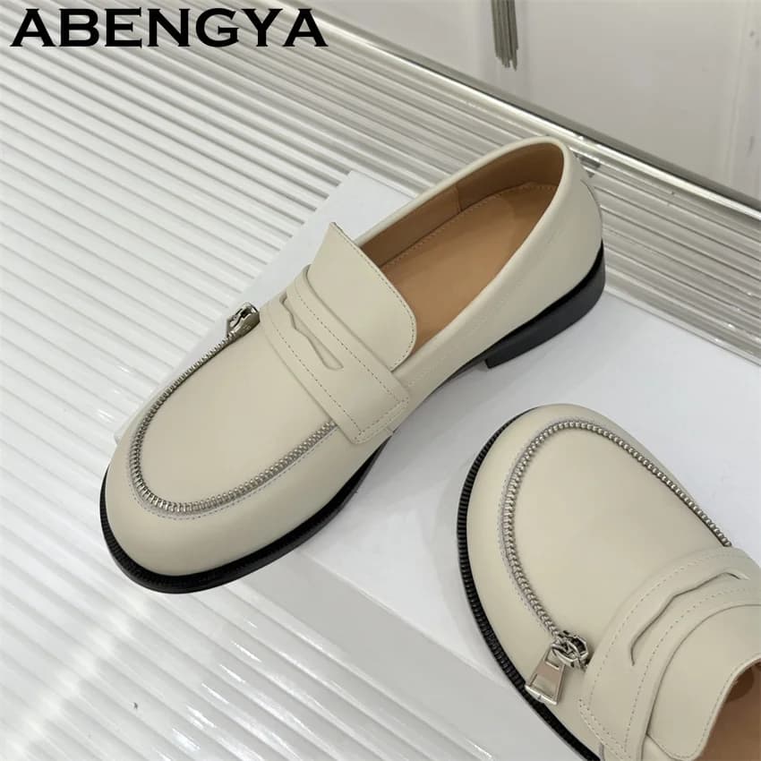 Mocassini da donna in vera pelle con bordo a cerniera, scarpe basse casual slip-on con punta tonda, scarpe da guida da donna