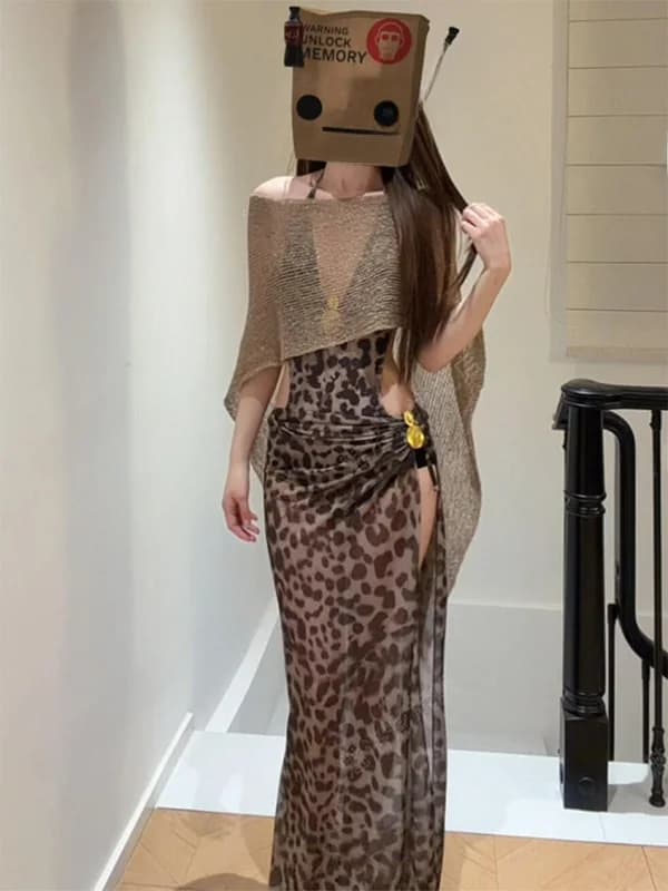 Retro Spicy Girl Style Leopard Print Split Cover up Dress Women's Summer New Arrival Beach Vacation Long Skirt Three Piece Set