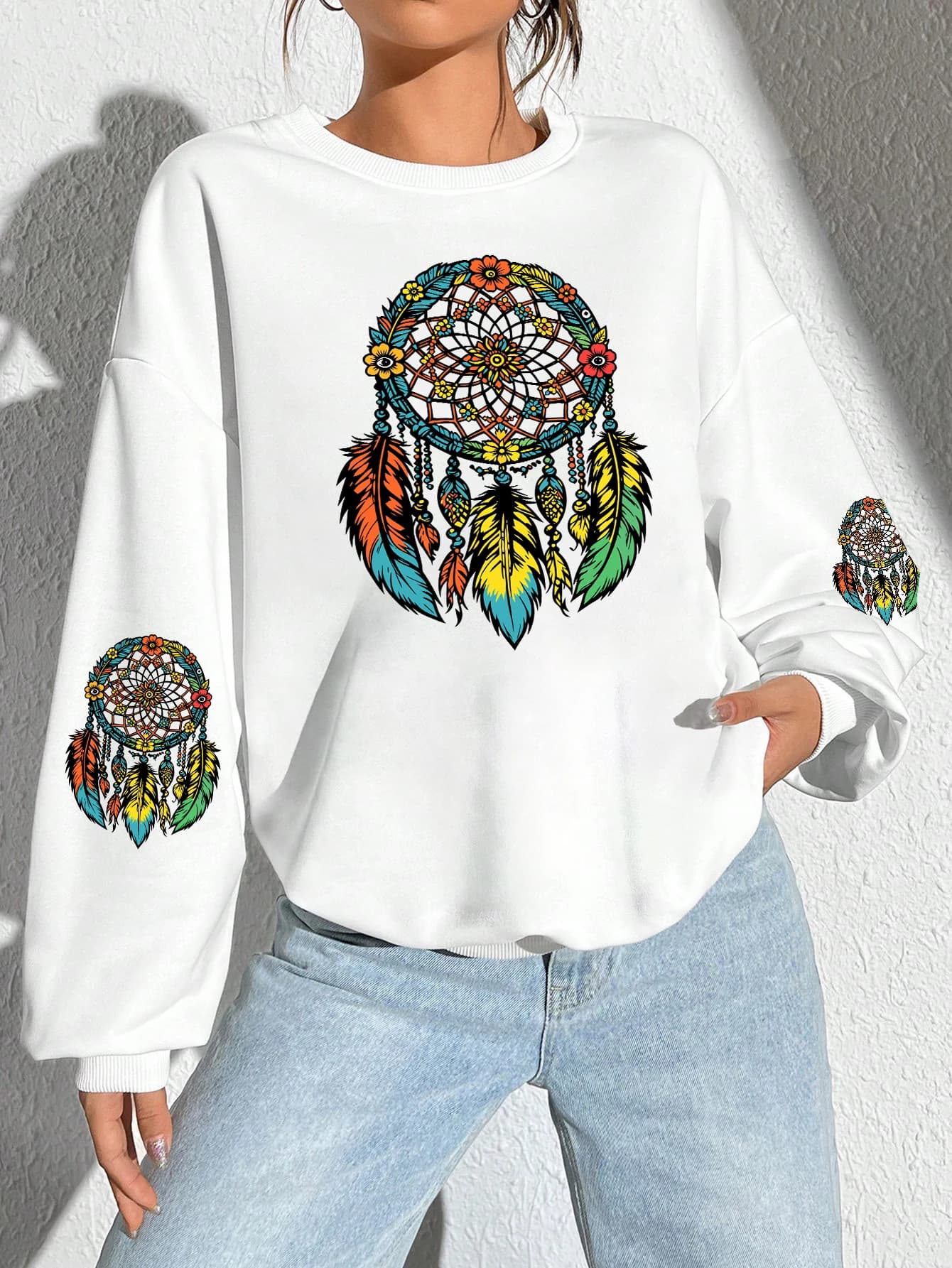 Colorful Dreamcatcher Feathers Floral Print Women'S Sweatshirt O-Neck Pullover Y2K Autumn Streetwear Loose Fleece Clothes