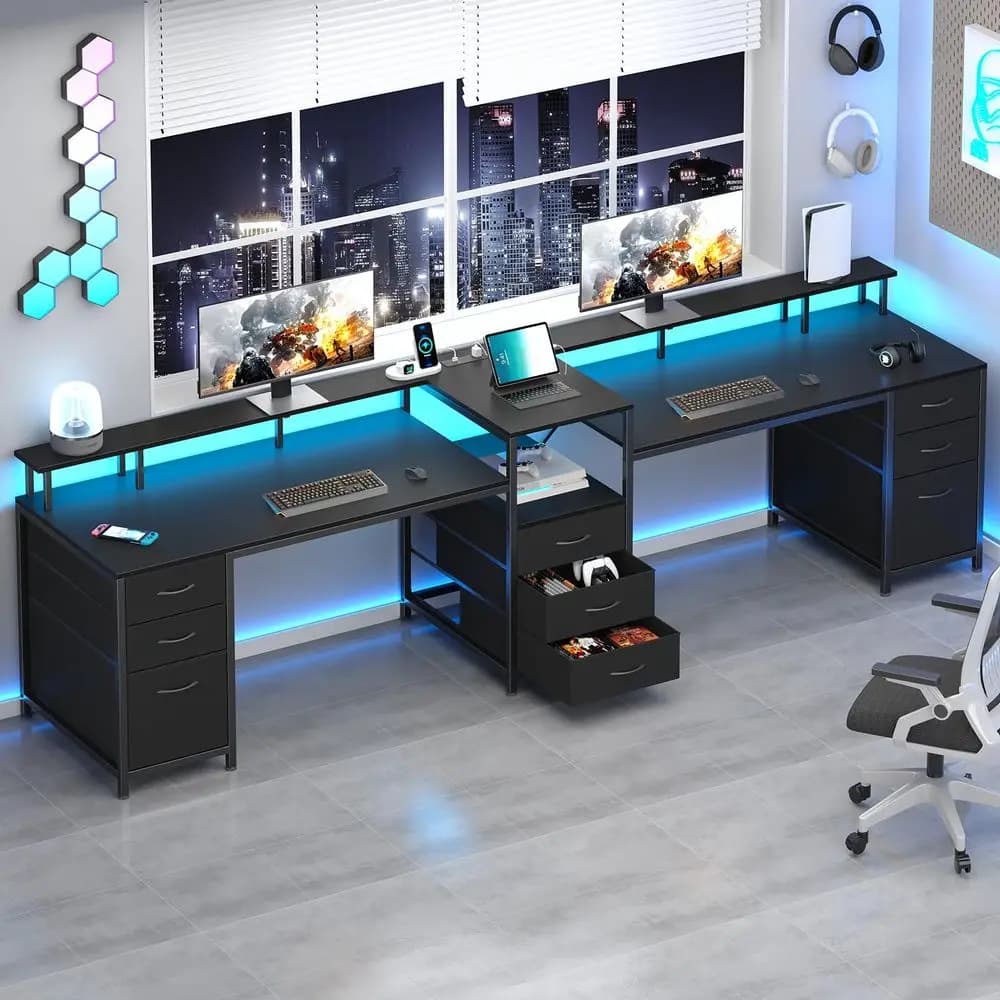 98.4 Long Computer Desk with 9 Drawers, 2 Person Gaming Desk with LED Lights amp Power Outlet, Two Person Home Office Desk with