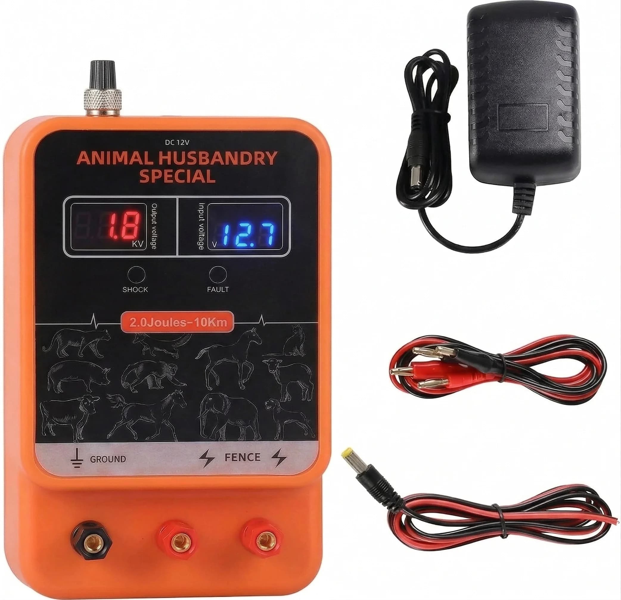 Caricatore/Generatore di Energia per Recinzioni Elettriche 2 Joule 10KM AC DC 2 in 1 Alimentazione Ingresso 12V Uscita 8KV a 14KV con Display