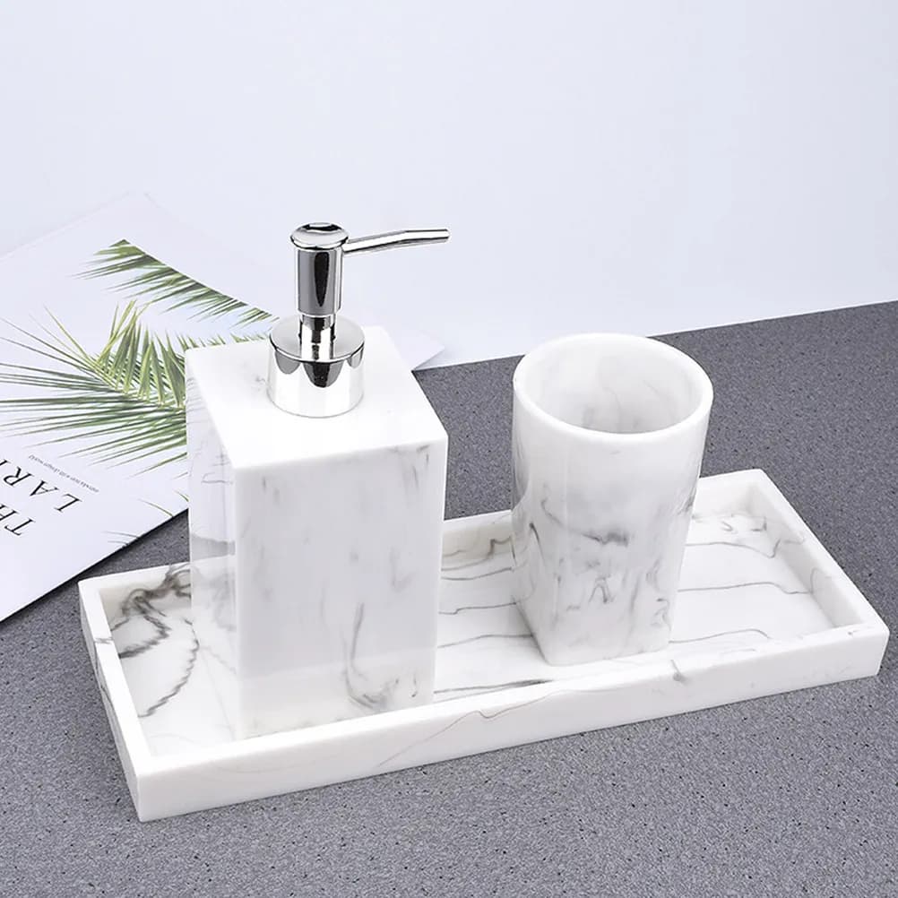 Set da Bagno con Dispenser di Sapone e Vassoio Organizzatore in Resina Effetto Marmo, Include Dispenser, Due Bicchieri e Vassoio Portaoggetti, Design Moderno
