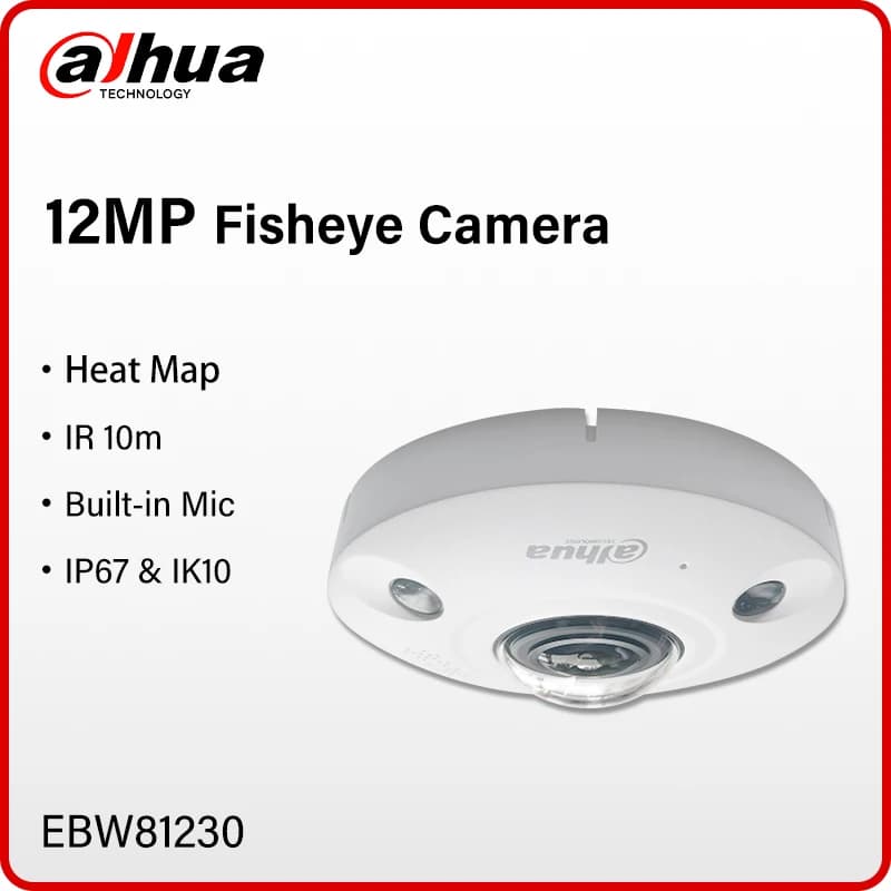 Telecamera Fisheye IR di Rete Dahua 12MP 360° ° Telecamera di sicurezza panoramica IR 10m con allarme e porta audio, microfono, mappa termica EBW81230 IK10