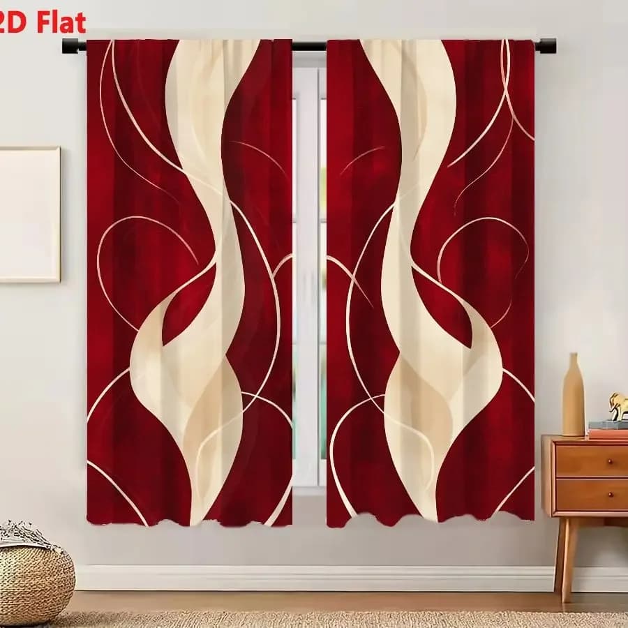 2Pcs Curtains 2D Flat Abstract Digital Art Symmetrical Deep Red And Creamy Beige Organic Forms With Delicate White And Pale Gold