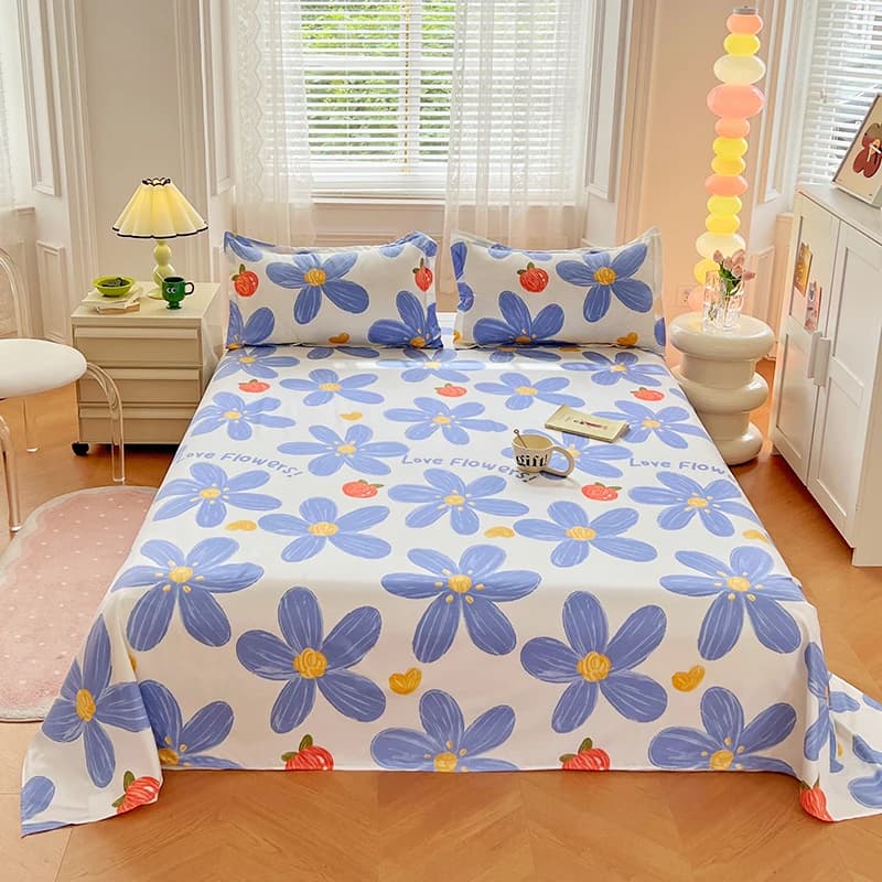 1PC White Base Bed Sheet, Blue Flower with Small Apple & "Love Flower" Pattern Bedding for Fresh Cute Bedroom Decor