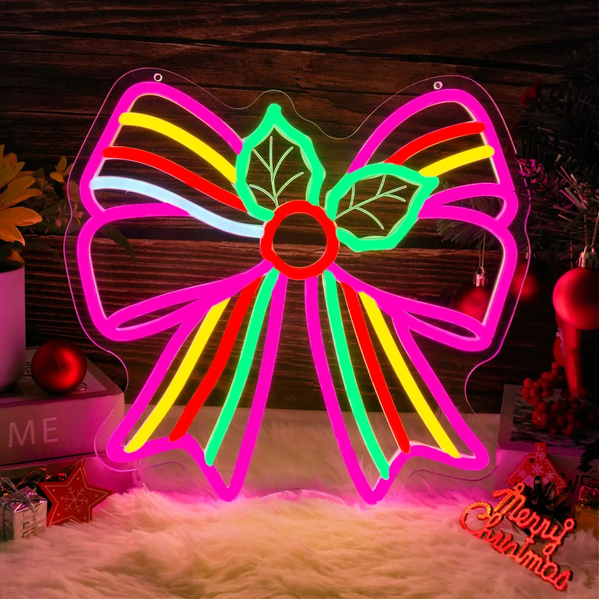 Insegna al neon con fiocco di agrifoglio natalizio, insegna luminosa a LED alimentata tramite USB dimmerabile per la decorazione della parete, finestra della camera da letto, regalo per feste