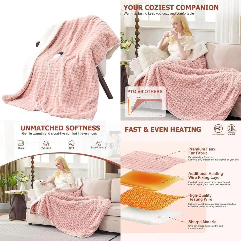Coperta elettrica waffle rosa 62x84 con 6 impostazioni di calore, 10 opzioni timer, morbida pelliccia sintetica e sherpa, certificata ETL, lavabile - Per