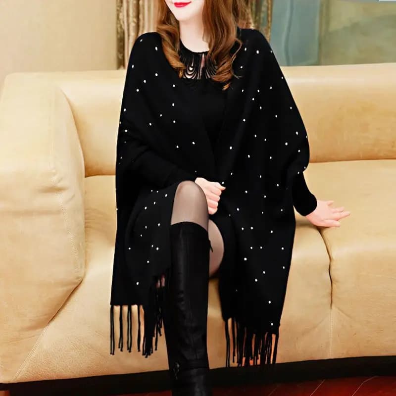 4 Colors Soild Mantle Oversize Beads Crystal Winter Knit Skiing Poncho Out Wear Coat Women's Gift Shinny Long Sleeves Cape